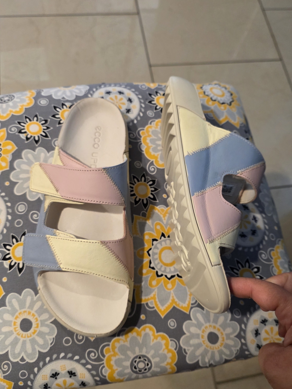 ECCO Size 7 -7.5 Upcycled Adjustable 2 Strap Velcro Slide Sandals